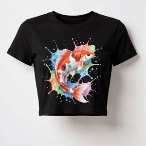 Gildan Black Crop Top with Multicolor Koi Fish Splash